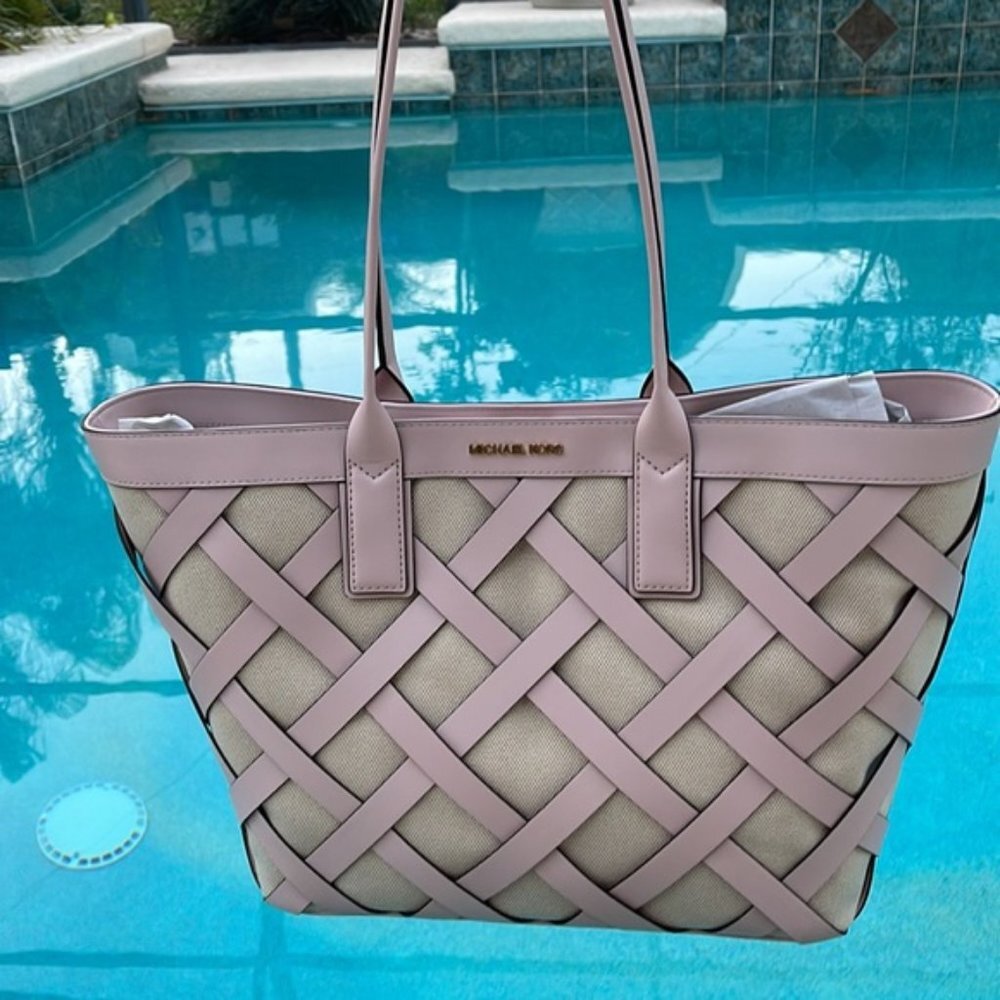 Michael Kors Sienna Large Tote Shoulder Bag Powder Blush Leather Canvas